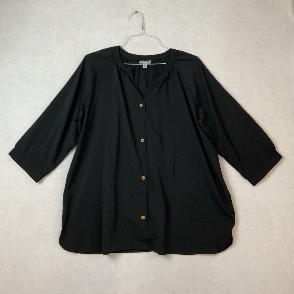 Catherines Blouse Tunic Top Womens Plus 0X Black Button Front 3/4 Sleeves